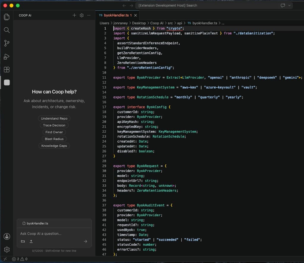CoopAI sidebar in VS Code showing quick actions and chat