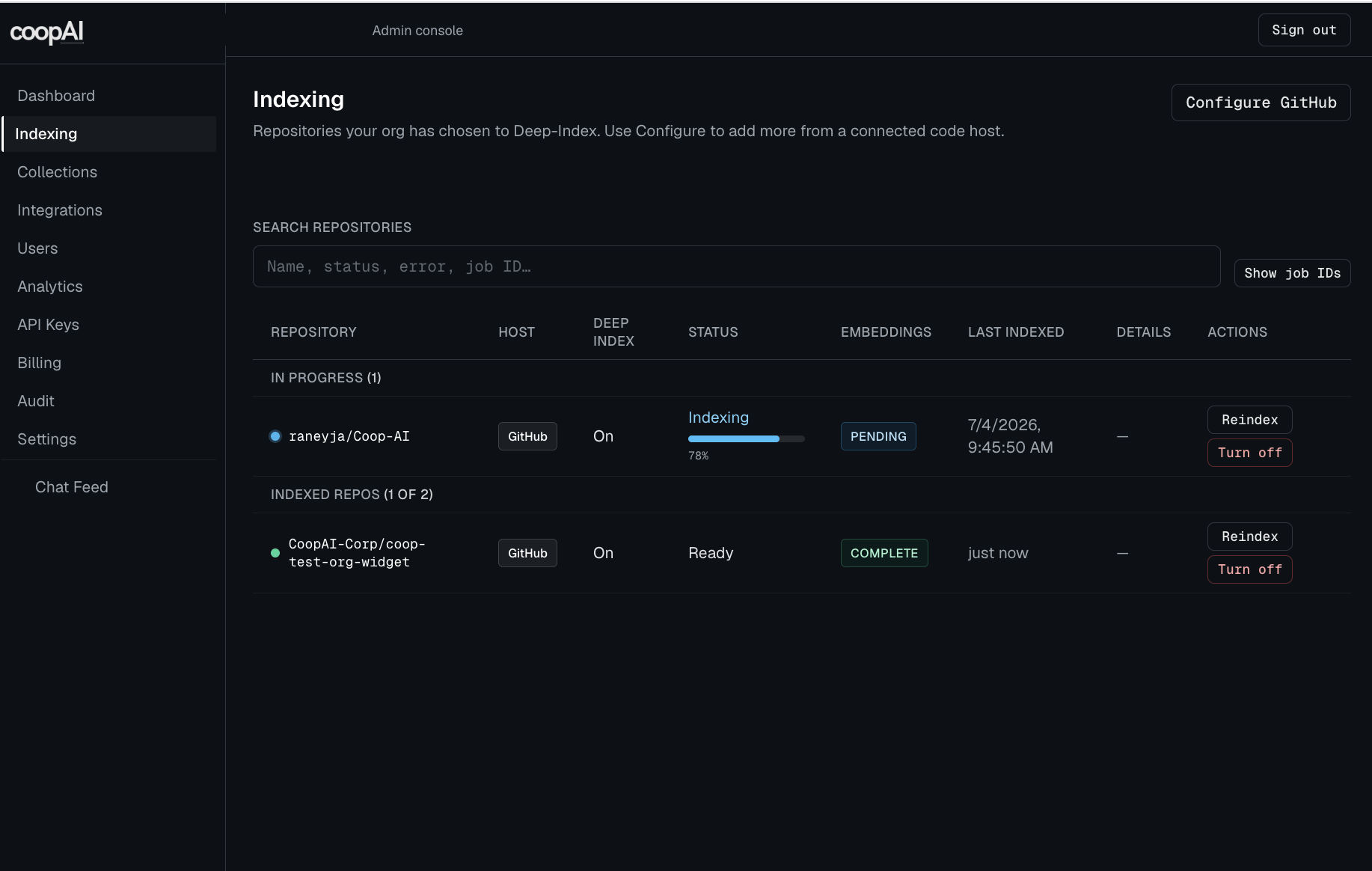Admin portal Indexing — monitor Deep-Index jobs and embeddings status