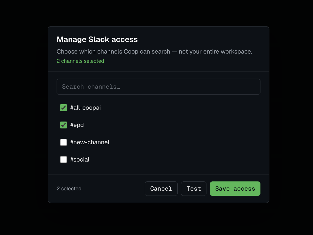 Manage Slack access — choose channels Coop can search