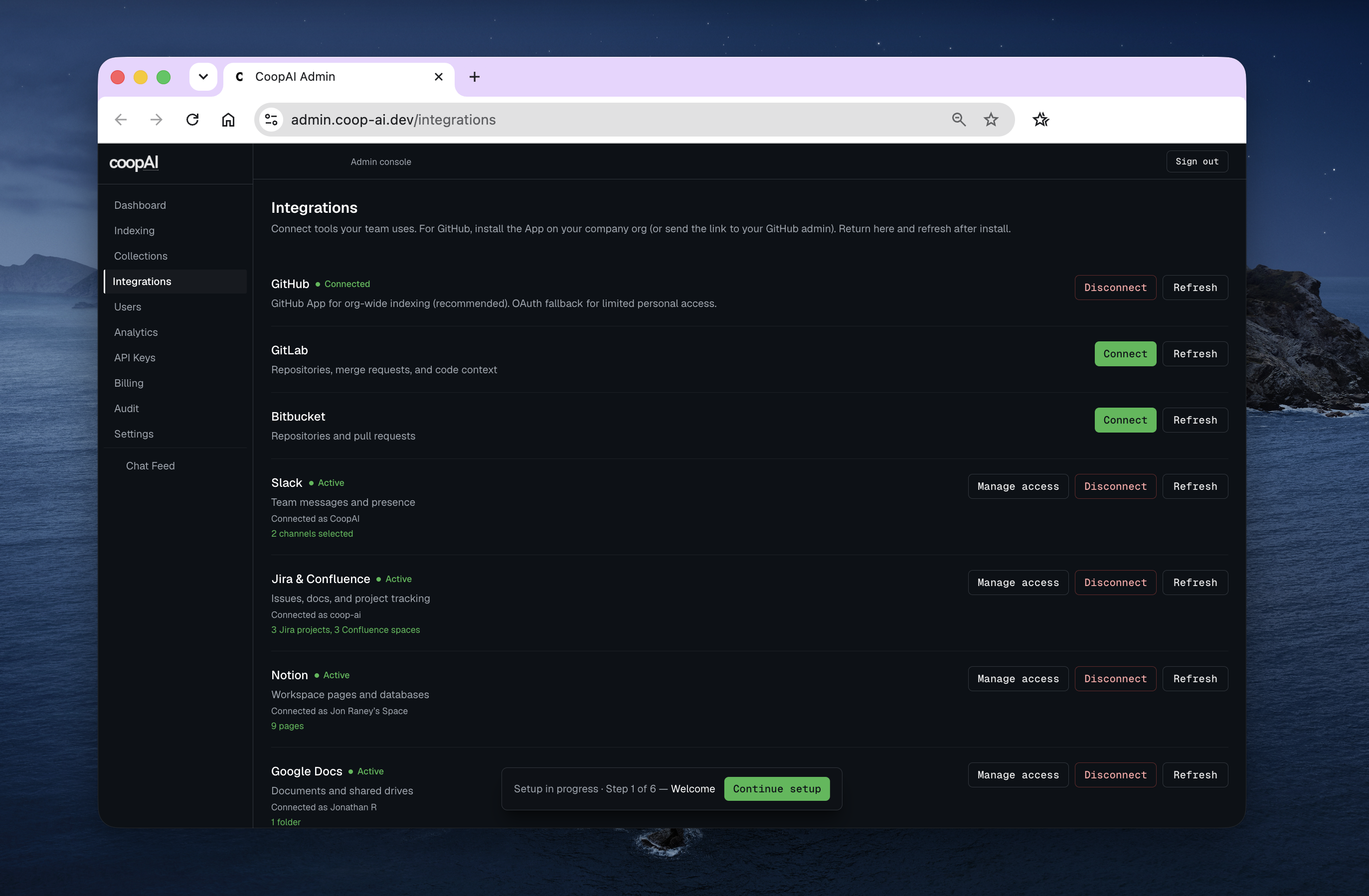Admin portal Integrations page — org admin connects tools once for the whole team