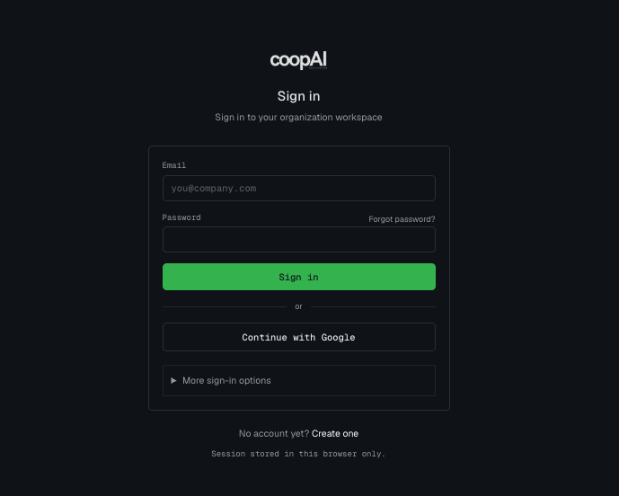 Admin portal sign-in — email, password, Google, and SSO options