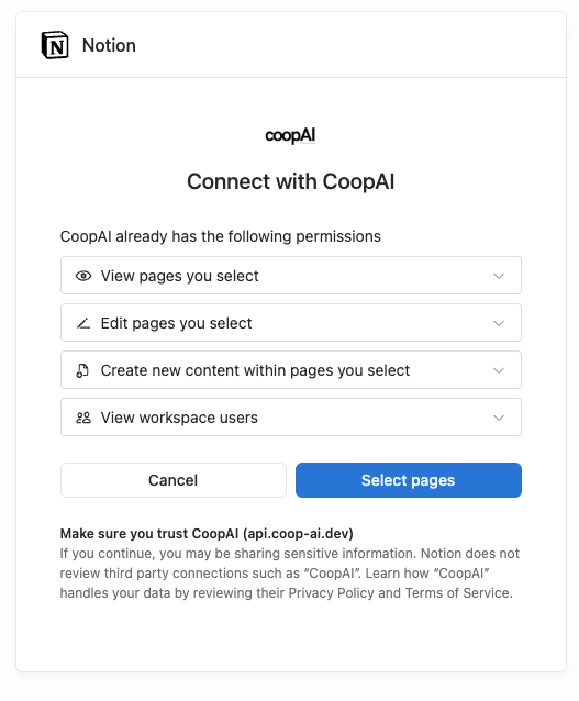 Notion OAuth — connect CoopAI and select pages to share