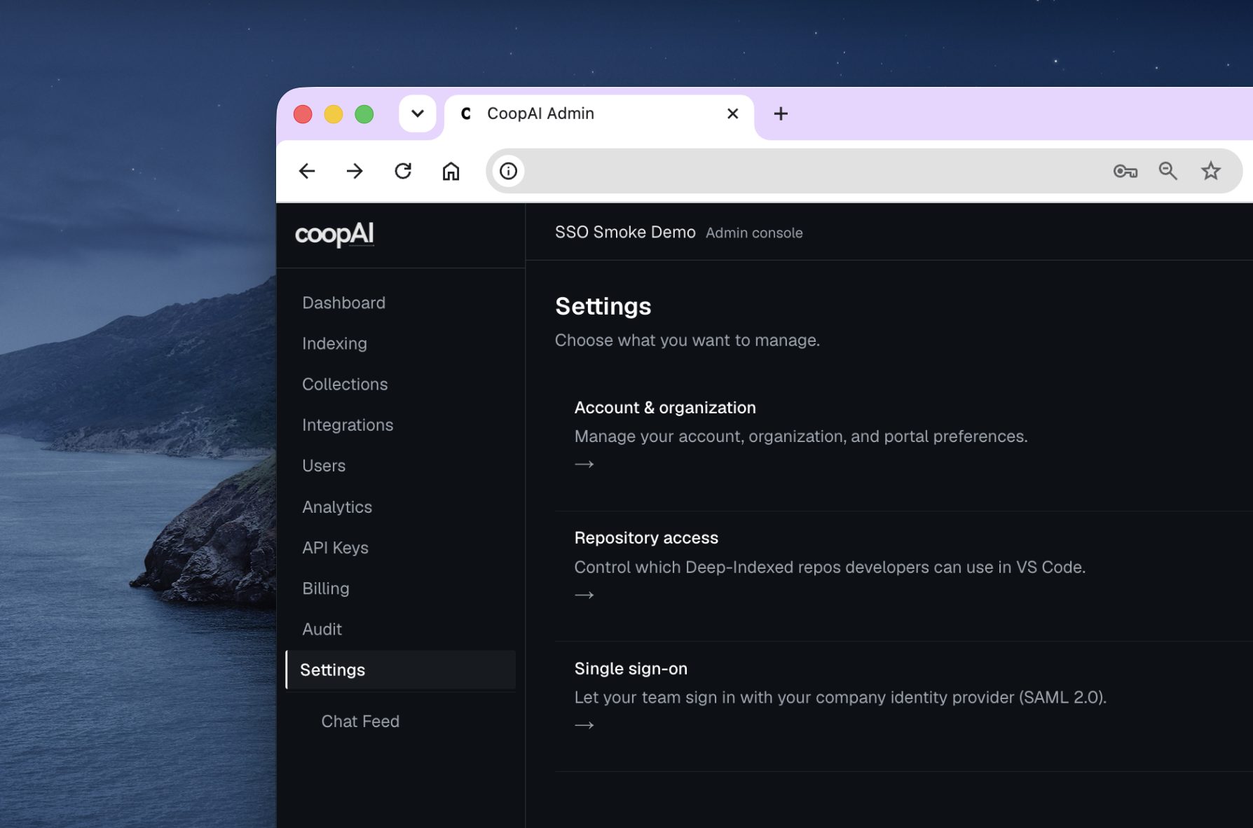 Admin portal Settings — open Single sign-on to configure SAML and sign-in policy