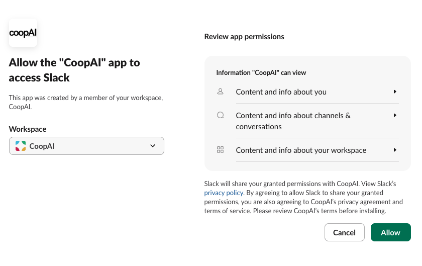 Slack OAuth — approve CoopAI app permissions for your workspace