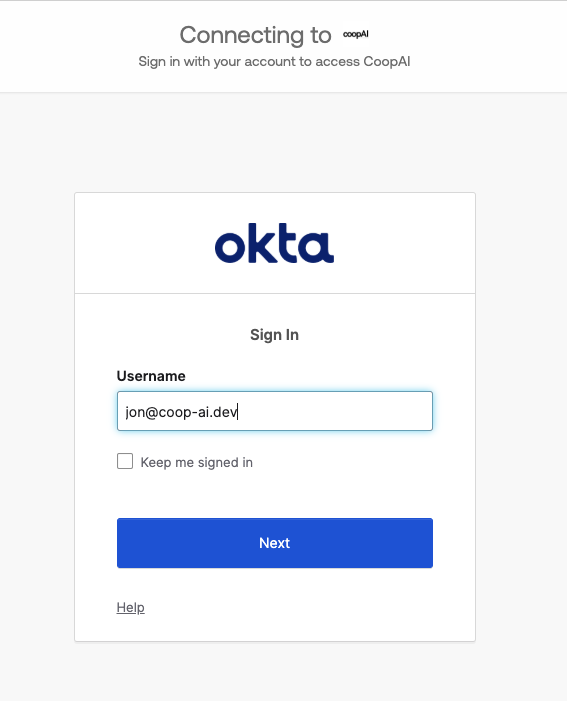 Okta sign-in — Connecting to CoopAI after SAML app setup