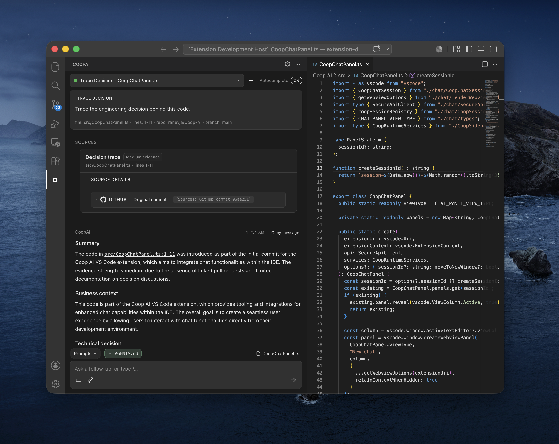 Trace Decision result — summary with evidence card and source commit