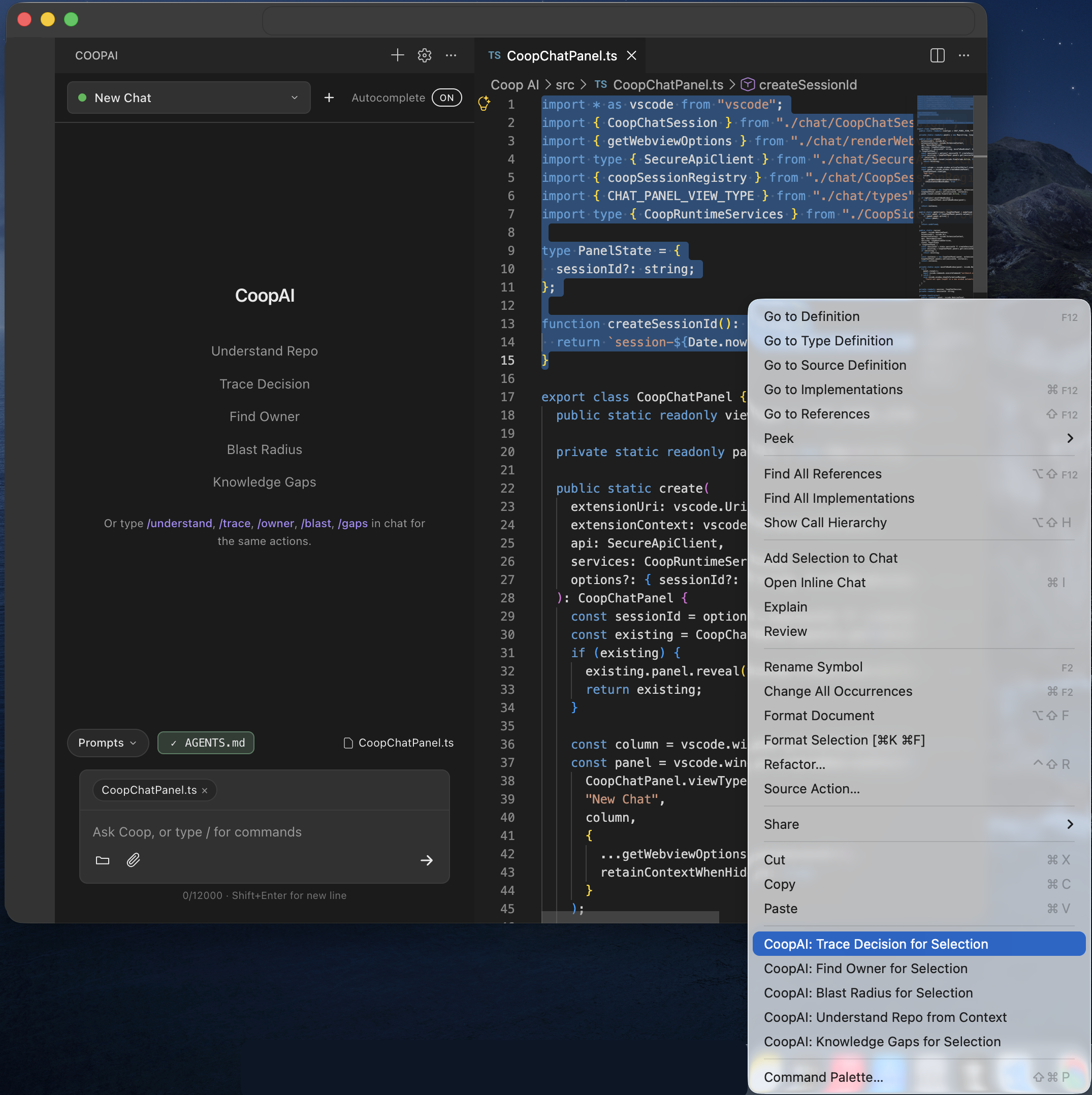 VS Code editor context menu — CoopAI quick actions for the current selection
