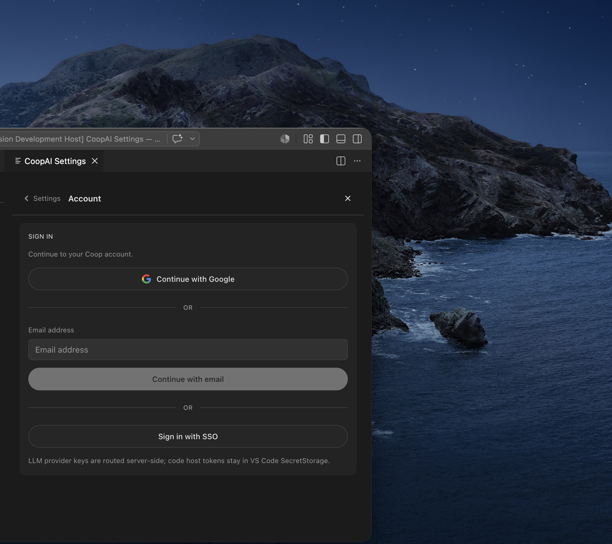 Account sign-in in VS Code — Continue with Google, email, and SSO