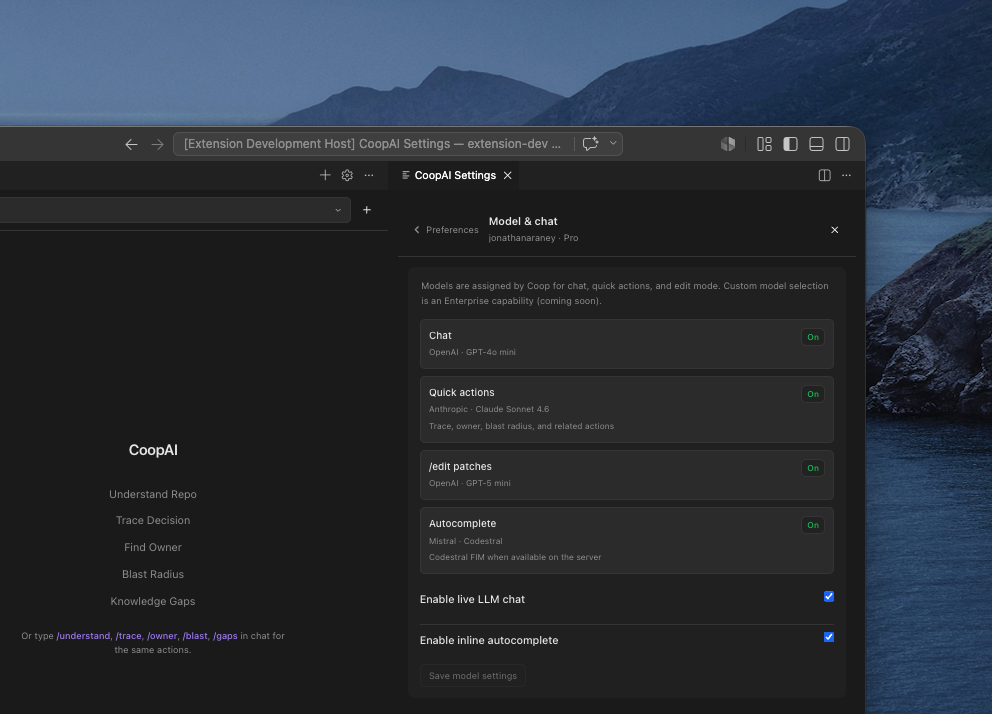 Model & chat — assigned models, Enable live LLM chat, and Enable inline autocomplete