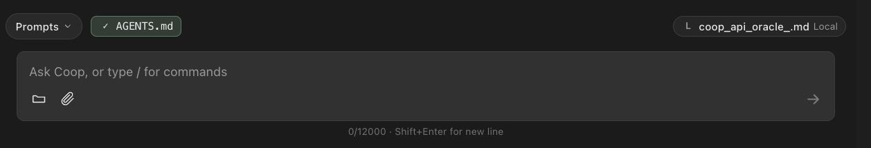 Active file context chip — L badge, filename, and Local above the Coop chat composer