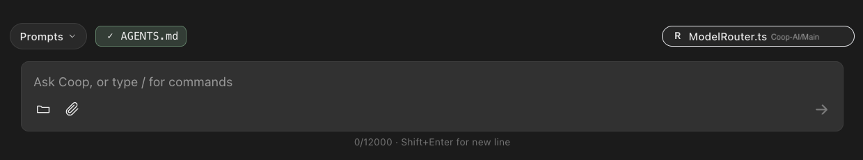 Active file context chip — R badge, filename, and owner/repo above the Coop chat composer