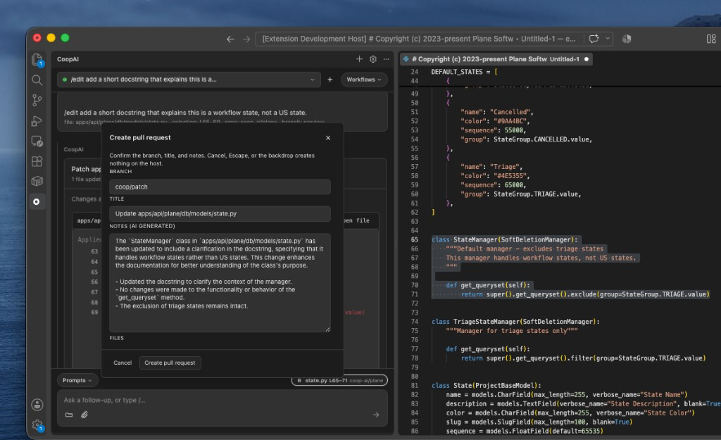 Create pull request — confirm branch, title, and AI-generated notes