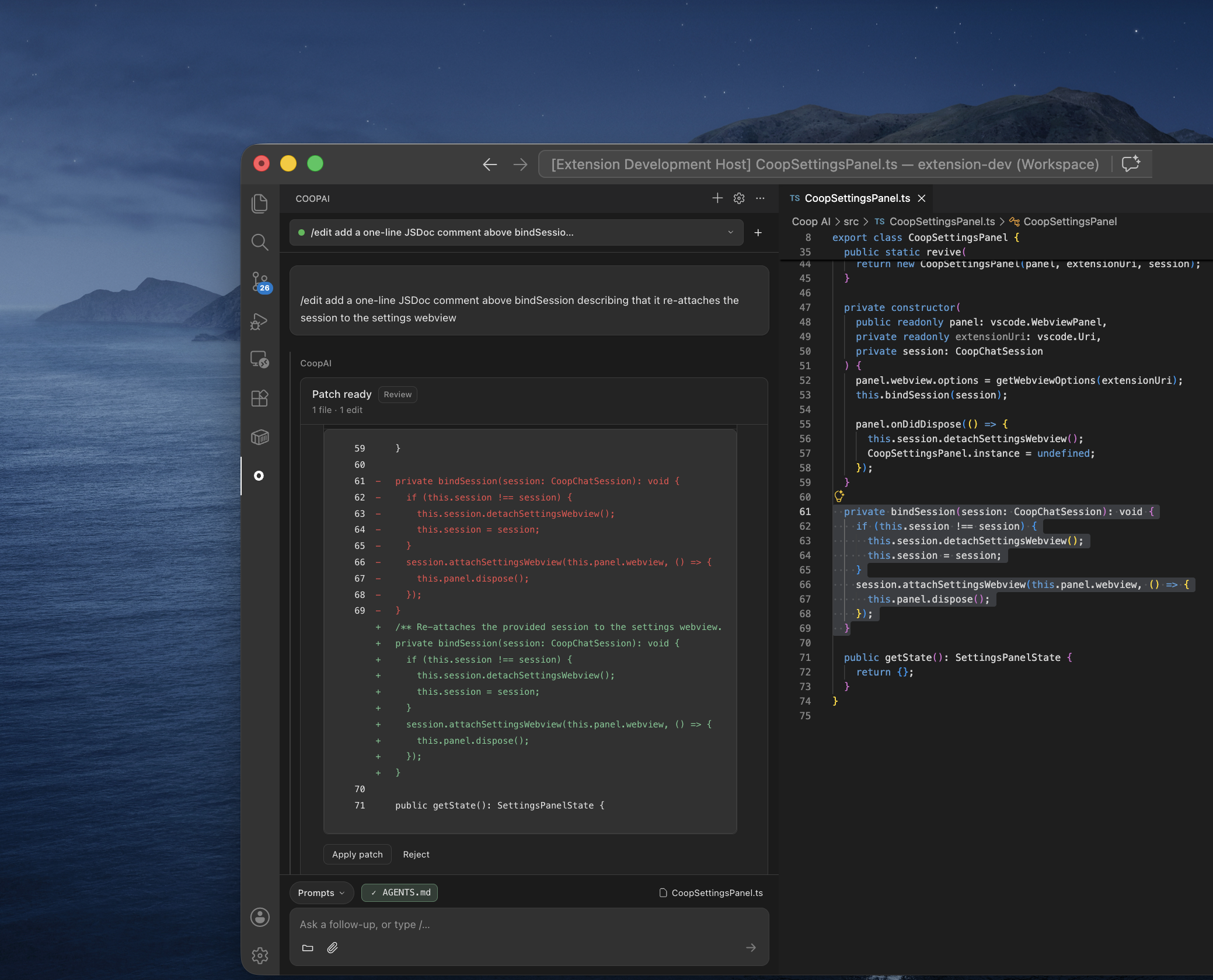 Edit mode — highlight code, send /edit in chat, review the diff, then Apply patch or Reject