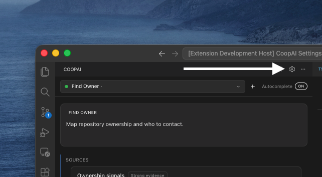 Settings gear — opens CoopAI Settings in an editor tab