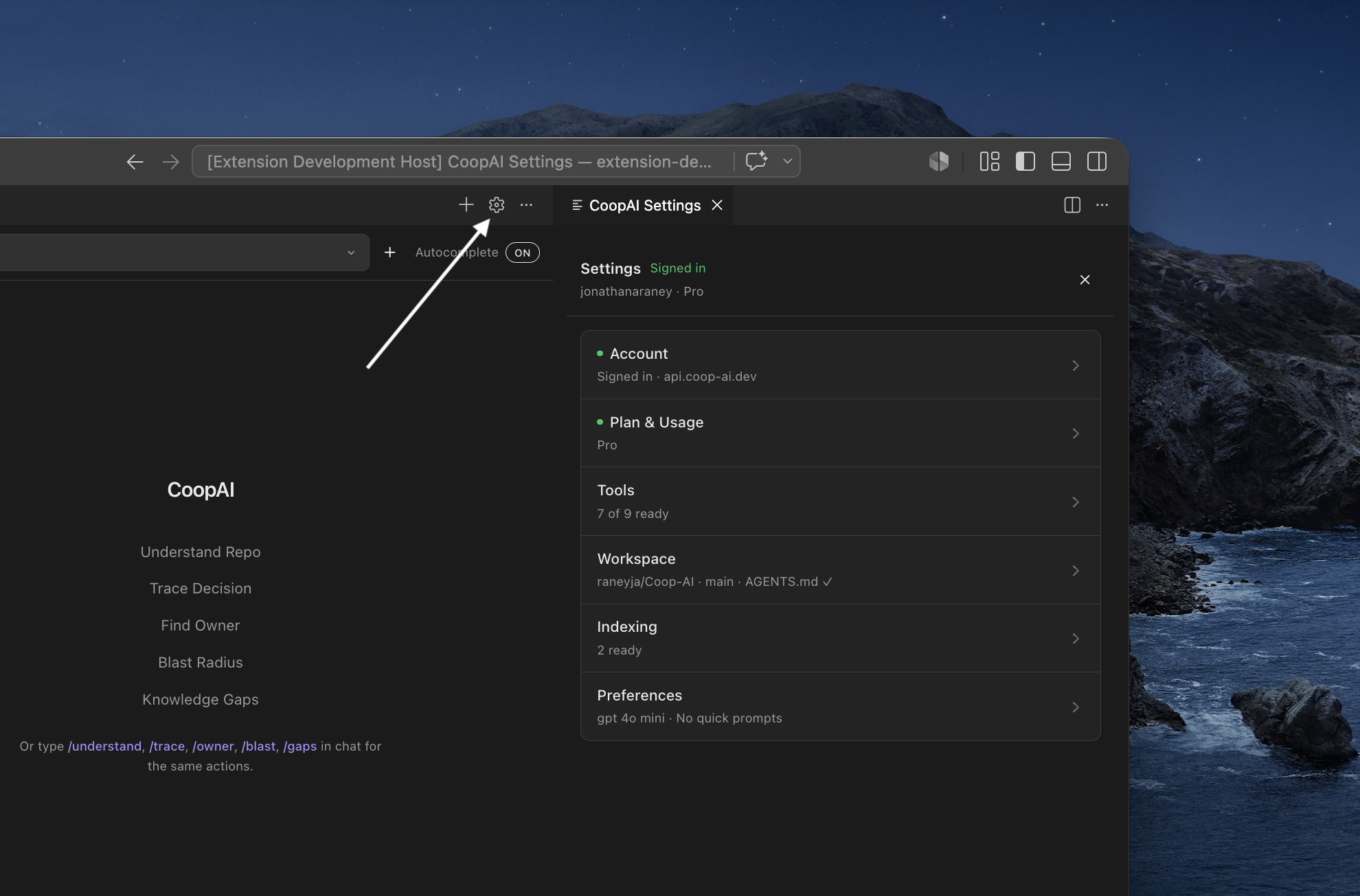 CoopAI Settings hub — Account, Tools, Workspace, Indexing, and Preferences