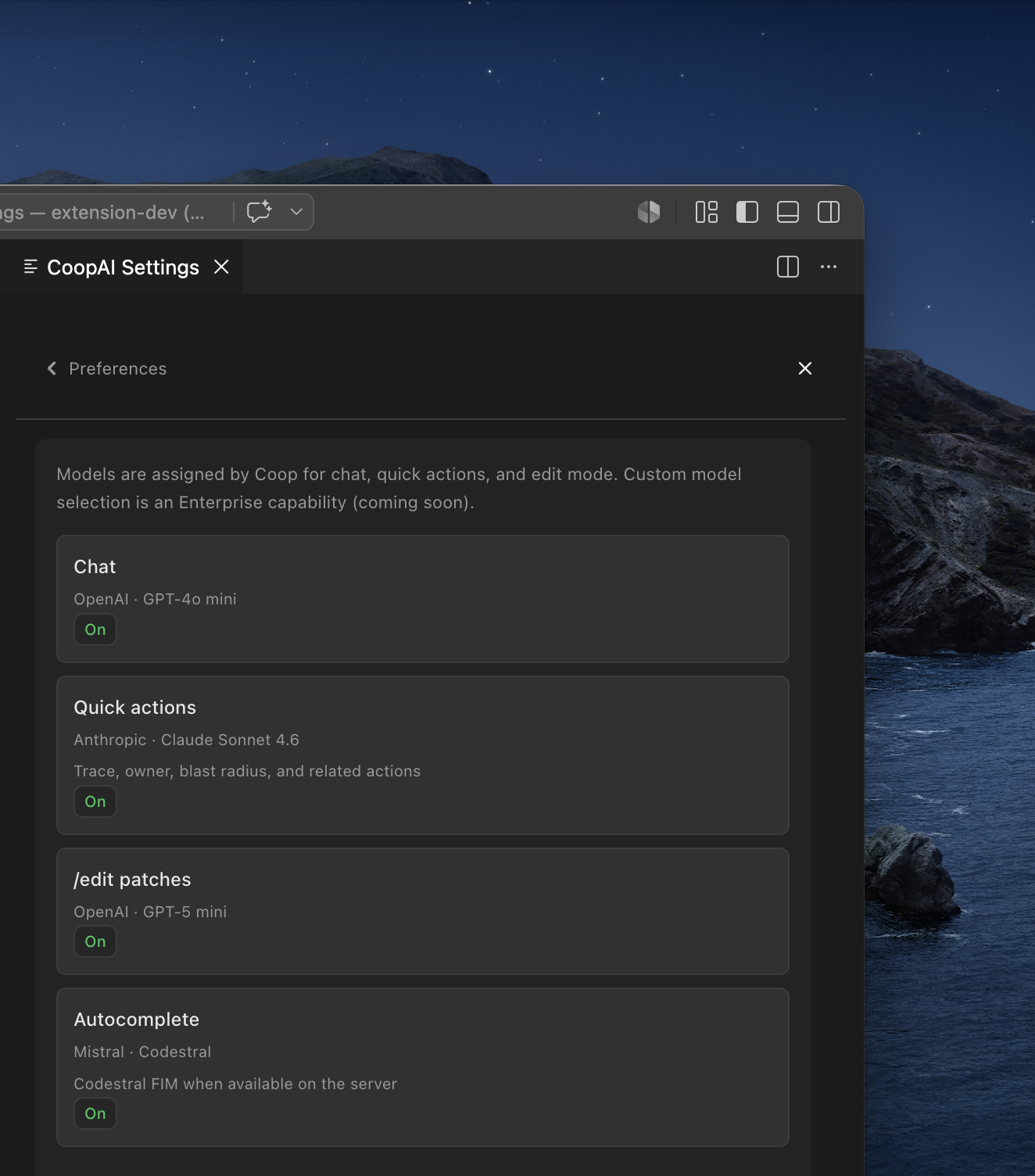 Model & chat — read-only assigned models for Chat, Quick actions, /edit, and Autocomplete