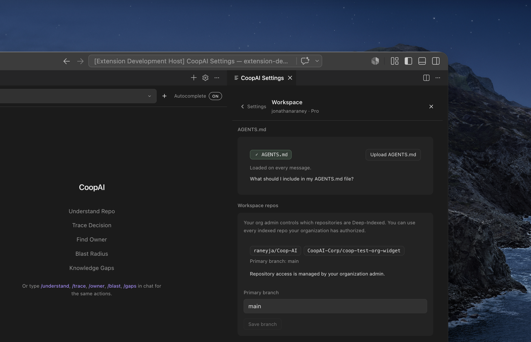 Workspace settings — org repos, AGENTS.md, and primary branch