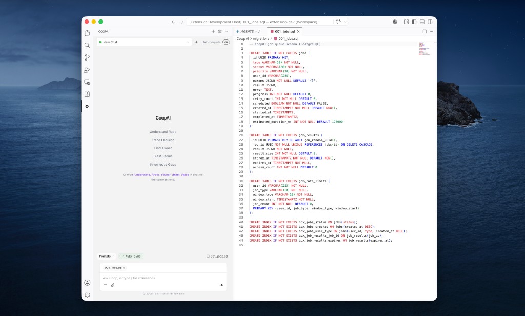 Coop sidebar in VS Code (light theme) — quick actions and chat composer