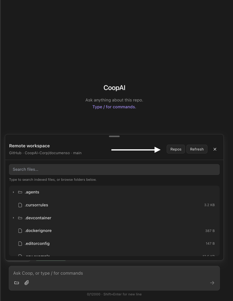 Remote workspace — open the repos picker to choose a repository