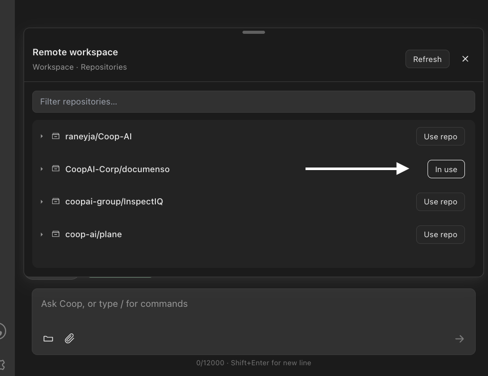 Remote workspace — repository selected before Use repo