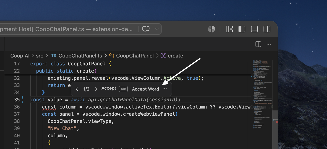 Inline autocomplete — ghost-text suggestion in the editor