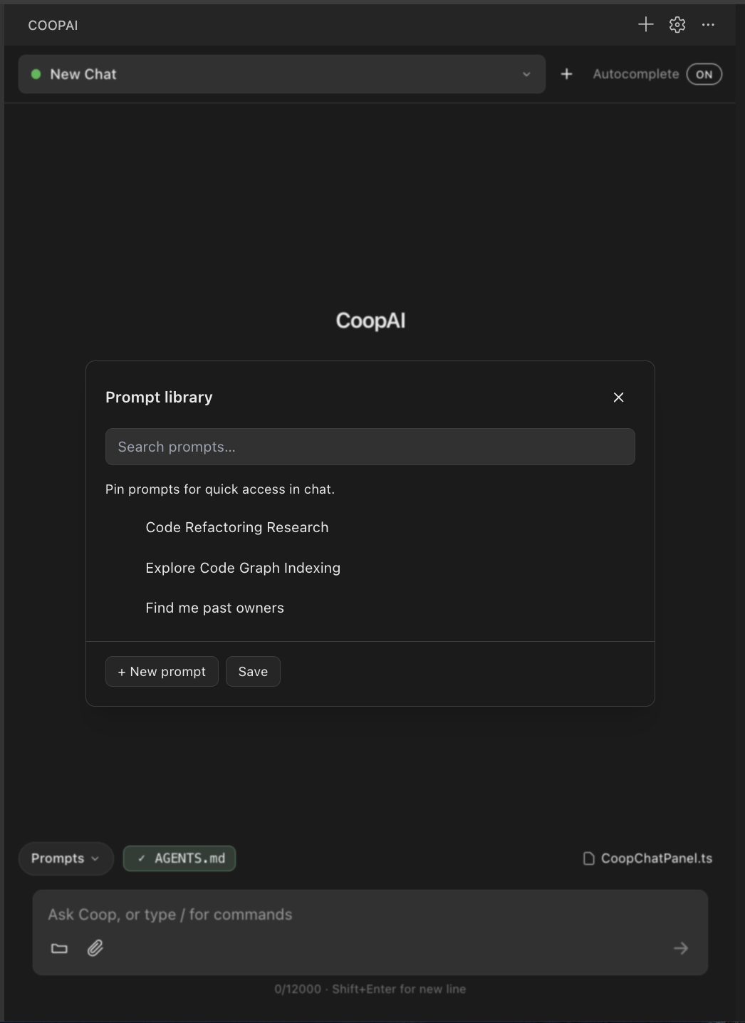 Prompt library — search, pin, and create team prompts